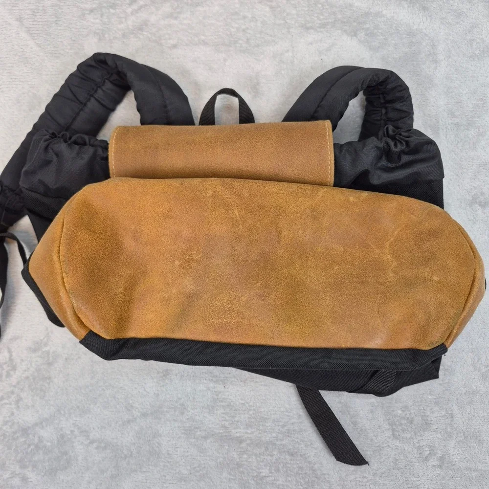 Vintage JanSport Backpack Black Canvas Tan Leather Bottom Rucksack Made in USA